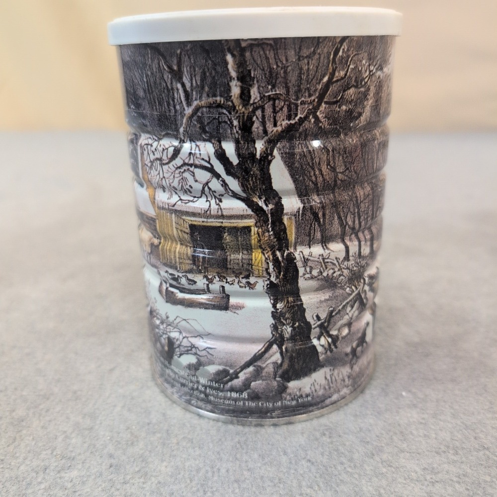 Currier & Ives American Homestead Winter Vintage Metal Tin Canister with Lid - Picture 3 of 8